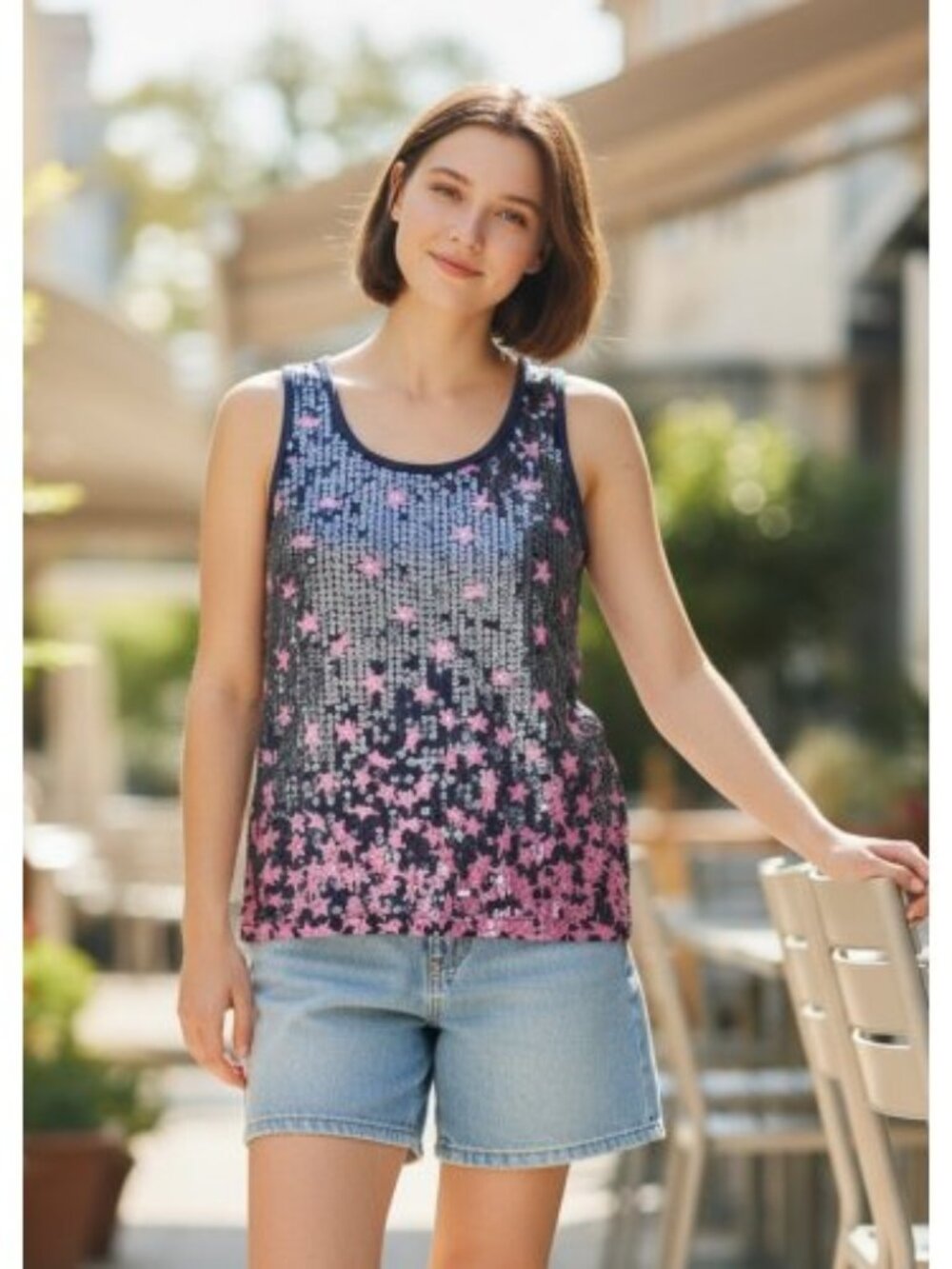 PEER TEE Purple Star Print Sequined Tank Top Girls L Size 10-12